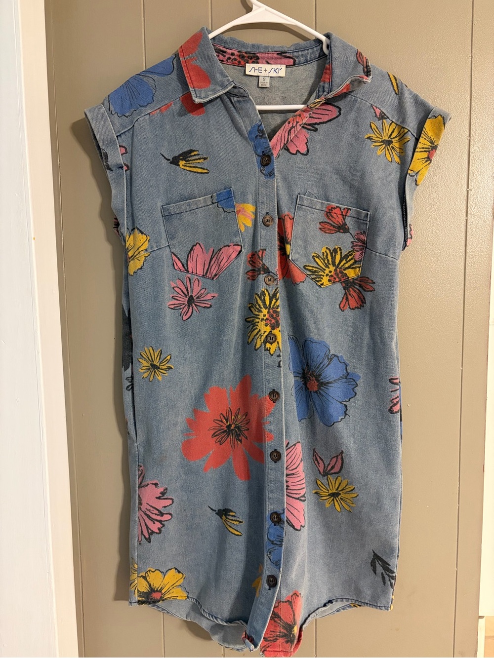 She + Sky Blue Denim Floral Button-Front Dress with Multicolor Blooms